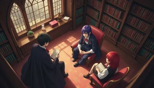 Three magic school students, two boys and a girl talk at break, fantasy world, Victorian style,three people sitting in red chairs in front of a book case,study room,reading room,bookworms,tsukihime,mu