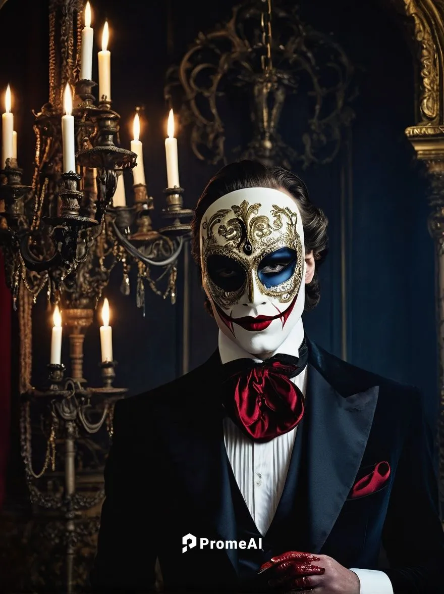 Vampiric nobleman, mysterious, pale skin, sharp facial features, crimson lips, piercing eyes, black suit, white shirt, blood-red vest, intricately designed mask, ornate cane, lavish ballroom, grand ch