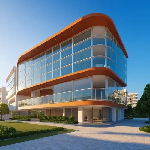 edificio frente al mar  con  un a plaza en la parte de enfrente y a lado derecho tiene un  parque de arboles,the modern building has many large windows and orange curved trim,modern building,office bu