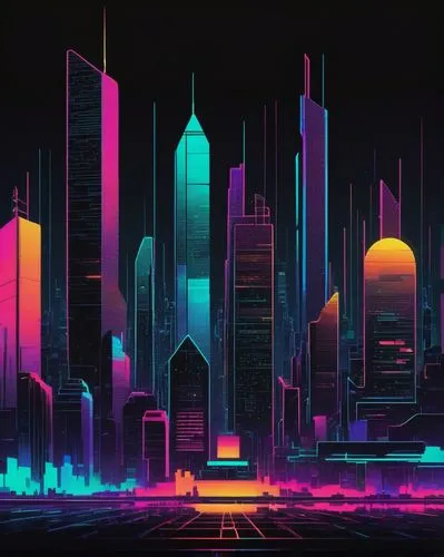 cityscape,colorful city,metropolis,futuristic landscape,cyberpunk,80's design,neon arrows,city skyline,fantasy city,city blocks,cities,skyscrapers,futuristic,vast,80s,urban,neon ghosts,spectrum,dystopian,city cities,Illustration,Japanese style,Japanese Style 21