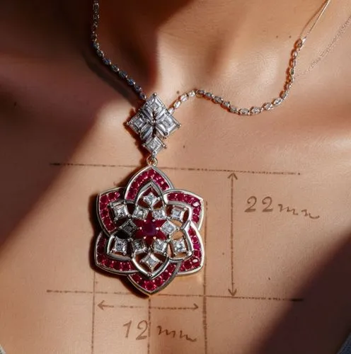 A pendant with ruby gems and round diamonds  , high quality, high resolution, ultra distills, 8k,a close up of a person's chest wearing a red and silver necklace,ladies pocket watch,diamond pendant,ne