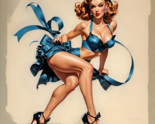 J. Scott Campbell style realistic drawing of a woman in platform heels bullet bra bow in her hair 


,a painting of a woman in blue clothes on a wall,retro pin up girl,pin ups,retro pin up girls,pin u