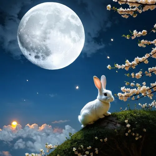 easter background,moon and star background,moonlit night,white rabbit,white bunny,ostern,Photography,Artistic Photography,Artistic Photography 06