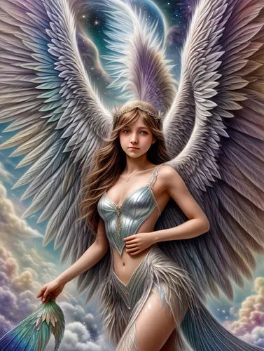 Angles feather wings, mermaid tail, Rainbow soft clouds sky view cosmic space, light brown pretty girl enchantress lost cosmic fairy light ,angel wings,angel wing,vintage angel,angel girl,love angel,f