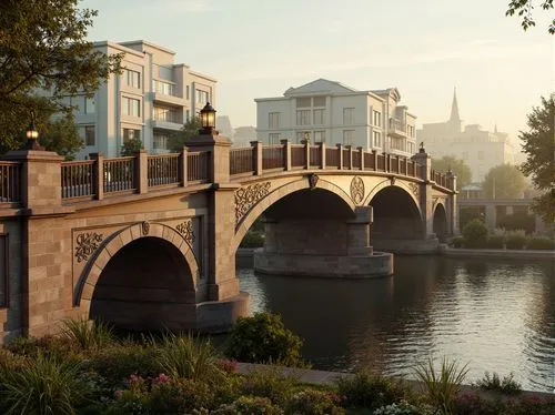 Grand neoclassical bridge, elegant arches, ornate details, weathered stone fa\u00e7ade, rustic brick piers, aged copper railings, polished granite walkways, intricate ironwork, majestic lamp posts, wa