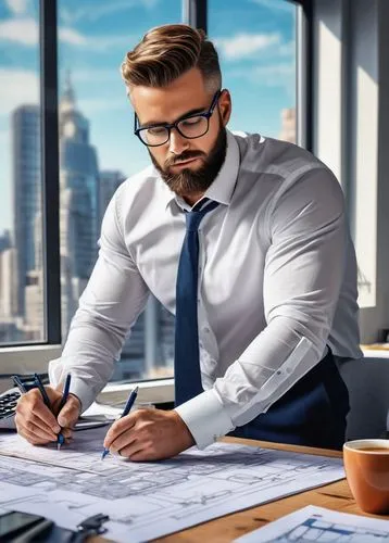 Architectural plans, modern building design, blueprint rolls, wooden desk, pencils, ruler, calculator, coffee cup, male architect, 30s, beard, glasses, white shirt, rolled-up sleeves, focused expressi