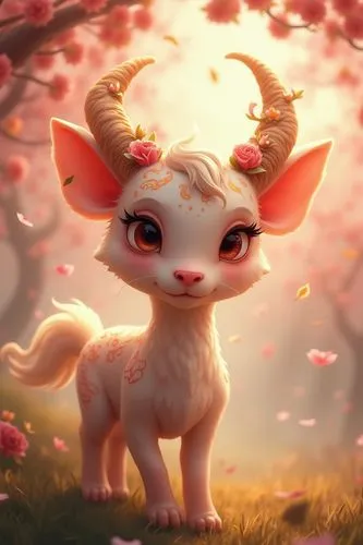 A young, curious Qilin standing amidst a blossoming apple tree. The Qilin has soft, flowing fur with intricate patterns and large, gentle eyes. Its horns are adorned with delicate flowers. The backgro