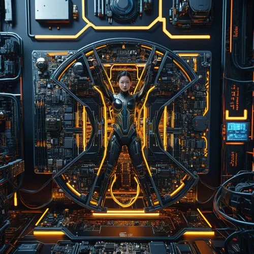 刘亦菲，固定,a sci - fiction robot stands inside the interior of a computer motherboard,computer art,fractal design,portal,supercomputer,cinema 4d,the throne,Photography,General,Sci-Fi