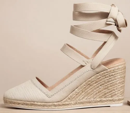 espadrille sandal with checkered print canvas fabric and beige leather piping upper, cotton straps that tie at the ankle with beige leather ends, jute wedge heel, plain background, 4k,espadrille,stack