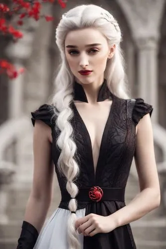 Woman would wear a black red dress. platinum white hair Targaryen. Style inspired by the House of the Dragon series. She is brave and somewhat conceited. Dragon,white rose snow queen,black rose hip,bl