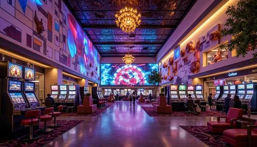 Vibrant neon lights, ornate decorations, eclectic furnishings, futuristic slot machines, glossy marble floors, grandiose chandeliers, bold colorful patterns, abstract sculptures, dynamic shapes, irreg