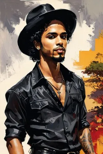 Illustration of brazilian singer Luan Santana, wearing black country clothes.,phred,sanjaya,jermaine,darville,djavan,messalla,ajackson,arjona,chanteur,jimmi,jussie,albizu,shalamar,layzie,akala,afro am