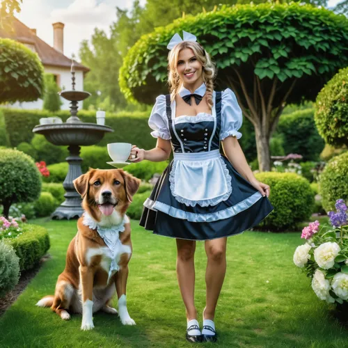 Generate a  image of a dog with a french maid uniform in a beautyful garden. a cup of coffee in her hand. ,appenzeller sennenhund,heidi country,bavarian swabia,bavarian,bavarian mountain hound,girl wi