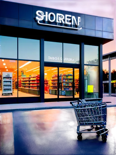 Free store, commercial building, modern architecture, glass facade, metal framework, LED signage, sliding doors, shopping cart, baskets, shelves, products display, morning sunlight, soft lighting, 3/4