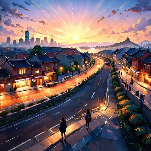 As the sun begins to set over the vast expanse of China, the sky turns a deep orange. As we walk along the scenic flanks of the Huangpu River, the road stretches out as far as the eye can see. The sun