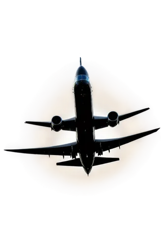 Airplane, silhouette, black outline, sleek body, curved wings, vertical tail, cockpit windows, engine nozzles, metallic material, smooth surface, low angle view, dramatic lighting, high contrast, cine