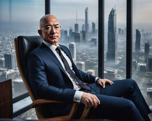 Middle-aged man, Jeff Bezos, Lex Luthor hairstyle, glasses, business suit, white shirt, black tie, muscular build, confident posture, sitting on a luxurious office chair, behind a massive wooden desk,