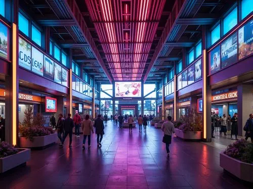 Vibrant metro station, futuristic architecture, neon color scheme, dynamic lighting effects, bold typography, stainless steel columns, sleek glass walls, geometric patterns, high-contrast signage, ene