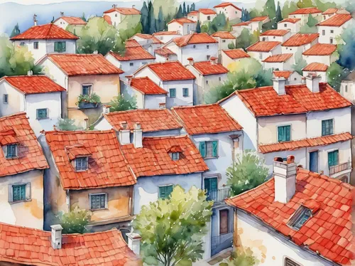 dubrovnik,dubrovnik city,roofs,houses clipart,roof landscape,dubrovnic,house roofs,escher village,row of houses,blocks of houses,watercolor background,terraces,mediterranean,tuscan,watercolor,roof tiles,watercolor painting,houses,colored pencil background,red roof,Art,Classical Oil Painting,Classical Oil Painting 34