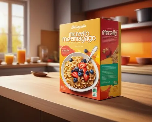 Cereal box, rectangular shape, colorful design, cardboard material, glossy finish, breakfast theme, morning atmosphere, kitchen counter, bright overhead light, shallow depth of field, 3/4 composition,