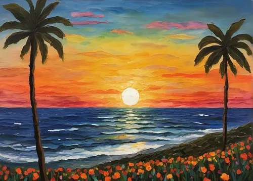 luau,coast sunset,sunset beach,sunburst background,sun,sun and sea,easter sunrise,oil on canvas,sunrise beach,flower in sunset,oil painting on canvas,aloha,sunset,piña colada,santa barbara,palmtrees,setting sun,tropical bloom,the sun has set,rising sun,Art,Artistic Painting,Artistic Painting 25