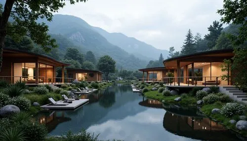 floating huts,amanresorts,3d rendering,teahouses,shaoming,render,shangri,luxury property,houseboats,teahouse,house in the mountains,asian architecture,shangrila,house in mountains,lijiang,luxury hotel,home landscape,house by the water,mountain huts,chalet