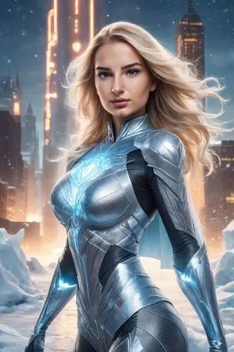 A confident blonde woman wearing a sleek and futuristic superheroine outfit made of ice, with intricate crystalline patterns that shimmer in the light. She stands tall against a backdrop of a frozen c