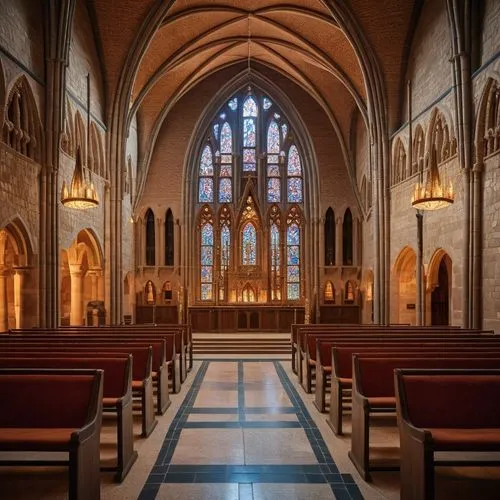 Cathedral hall,an empty church with chairs and stained glass windows,transept,collegiate basilica,interior view,presbytery,pcusa,christ chapel,interior,sanctuary,the interior,chapel,choir,mdiv,sacrist