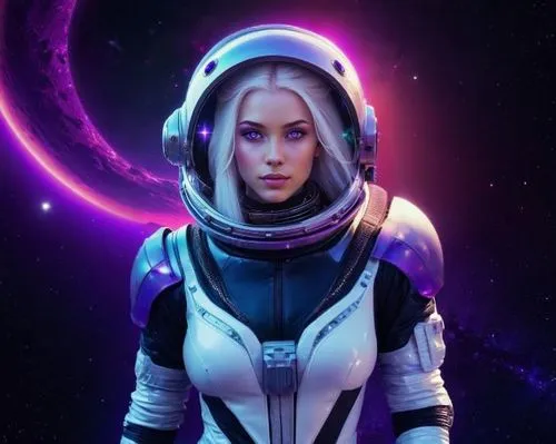 Make her full body, with a white and purple alien astronaut suit. Make the background, full of stars and planets.  Retro sci-fi. Synthwave style.,tali,spacesuit,space suit,xeelee,laureline,zenonas,zav