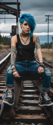 blue hair,punk,emo,2d,lis,grunge,girl in overalls,punk design,denim background,indigo,blu,denim,goth woman,silphie,mean bluish,tattoo girl,renegade,mohawk,railroad,jeans background,Photography,Documentary Photography,Documentary Photography 23