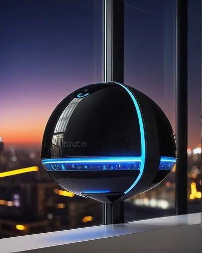 Cisco wireless access point, futuristic high-tech design, sleek black body, glowing blue LED lights, antennae protruding from top, mounted on white wall, modern office interior, large glass windows, c