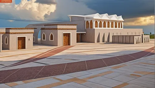 Swahili architecture style, ultra modern textile center. Add palm trees and African vibrant culture with interlock pavements.,qasr al watan,qasr azraq,king abdullah i mosque,al nahyan grand mosque,isl