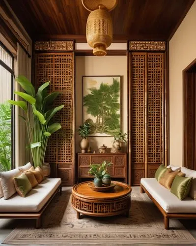 amanresorts,javanese traditional house,bamboo curtain,asian architecture,peranakan,patterned wood decoration,anantara,bamboo plants,interior decor,southeast asia,sitting room,interior decoration,contemporary decor,japanese-style room,luxury home interior,ubud,shangri,cabana,riad,ethnic design,Illustration,Abstract Fantasy,Abstract Fantasy 12