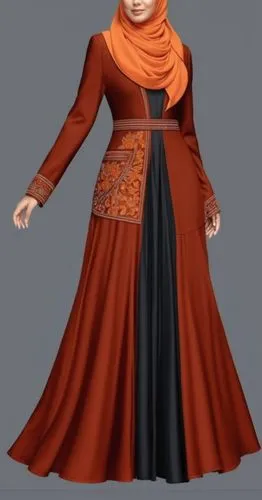 3d fashion drawing of long maxi  pelisee abaya for Muslim hijab for fat girl with Muslim hijab for very chic women big women with dark orange ,a model in an oriental dress,amidala,abaya,padme,ahsoka,j