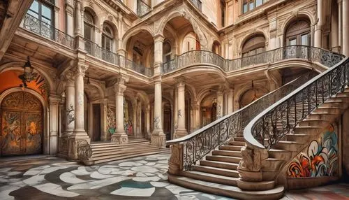 Baroque-inspired, grandiose PT architecture, intricate stone carvings, ornate balconies, curved staircases, marble floors, high ceilings, large windows, decorative columns, symmetrical facade, Renaiss