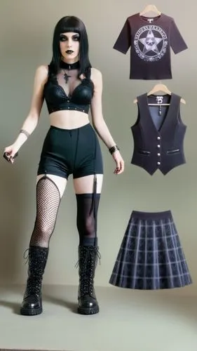 Paper doll 2d cartoon goth girl in black sleeveless shirt , black spandex shorts, complete full length fishnet and black goth knee Boots, standing surrounded by with a set of goth fashion clothing, sh