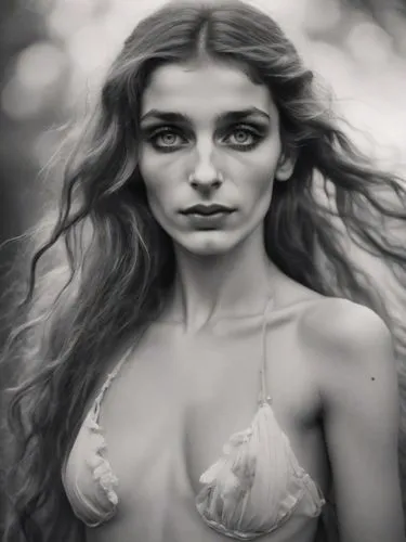 Full-page black-and-white portrait of a pale, very long-haired gypsy woman from the lower classes with blemished skin, dancing in a trance and in torn underwear. She has never shaved her natural dark 