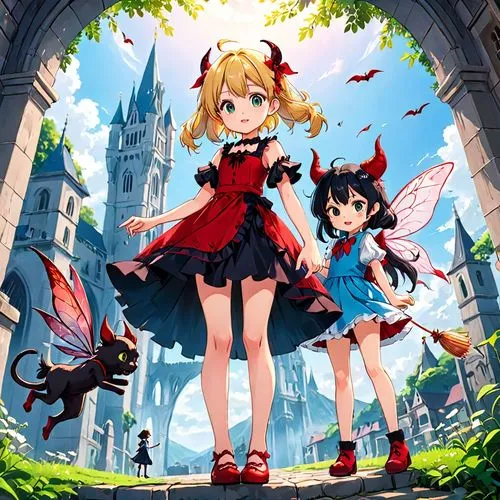 angel and devil,cardcaptor,flandre,touhou,red riding hood,little red riding hood,nue,orin,alice in wonderland,shinku,phantasmagorical,fairy tale icons,bedevil,cheshire,haunebu,mabinogi,wonderland,halloween background,histoire,yulan,Anime,Anime,Traditional