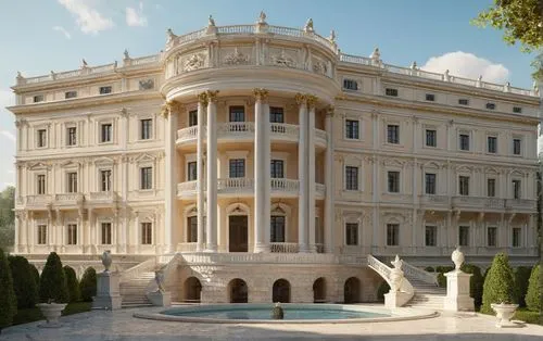 Simple elevation,a very large white building sitting behind a fountain,ritzau,villa cortine palace,palladianism,schönbrunn castle,villa d'este,europe palace,Photography,General,Natural