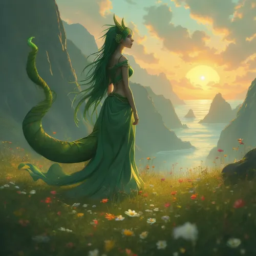 A beautiful Goddess looks out as the wind gently sways through her hair. The sun is Slowey going down.,an illustration of a girl with long hair and green dress standing next to flowers in the grass ne