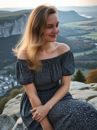 Girlfriend Pauline on Burgstein rock smiling towards camera in a romantic expression,a young woman is posing for the camera in the wilderness,shipka,teleri,beachy head,borghild,serenje,bastei