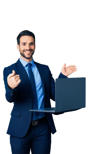 Conclusion image, business theme, laptop, modern office, male presenter, 30s, confident smile, blue shirt, black suit, hands gesturing, PowerPoint screen, bright lighting, low angle shot, cinematic co