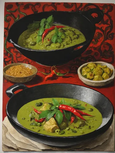 Describe the taste and aroma of a spicy green curry dish.,green curry,nepalese cuisine,rajas con crema,punjabi cuisine,maharashtrian cuisine,indian cuisine,korma,kadhi,rajasthani cuisine,saag,split pe