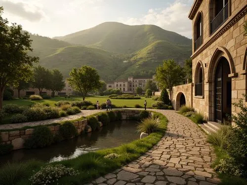 Rolling hills, lush green meadows, serpentine stone pathways, rustic wooden bridges, ancient olive trees, weathered stone walls, ornate iron gates, grandiose Romanesque arches, intricate carvings, Got