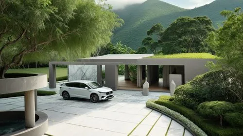 landscape with thai plant and background is in the mountain,a white car parked in a driveway with mountains in the background,carports,carport,landscaped,3d rendering,landscape design sydney,home land