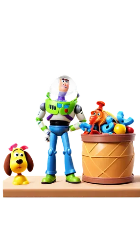 Toy Story characters, Andy's room, Woody, Buzz Lightyear, Jessie, Bullseye, Mr. Potato Head, Rex, Hamm, Slinky Dog, toys coming to life, colorful, detailed textures, shiny surfaces, toy box, desk lamp