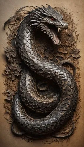 pen and ink drawing on mottled, burnt and torn paper: Nagini,serpent,basilisk,rattlesnake,rock python,venomous snake,wyrm,snakebite,black snake,emperor snake,pointed snake,hognose snake,brown snake,ra