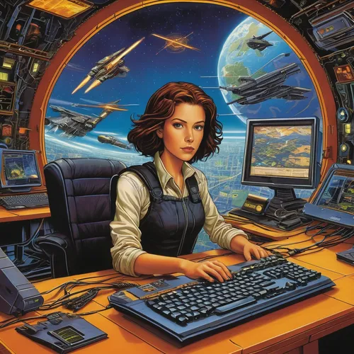 girl at the computer,flight engineer,sci fiction illustration,computer graphics,computer room,marine electronics,women in technology,switchboard operator,general atomics,cyberspace,ufo interior,atari st,amiga,computer icon,computer system,boeing,computer,telephone operator,douglas aircraft company,dispatcher,Conceptual Art,Daily,Daily 33