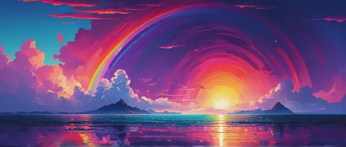 futuristic landscape,vapor,vast,fantasy landscape,acid lake,aurora borealis,spectrum,rainbow background,aura,rainbow color palette,alien world,colorful background,rainbow waves,aesthetic,3d fantasy,iridescent,volcano,ocean,volcanic,colorful light,Conceptual Art,Fantasy,Fantasy 32