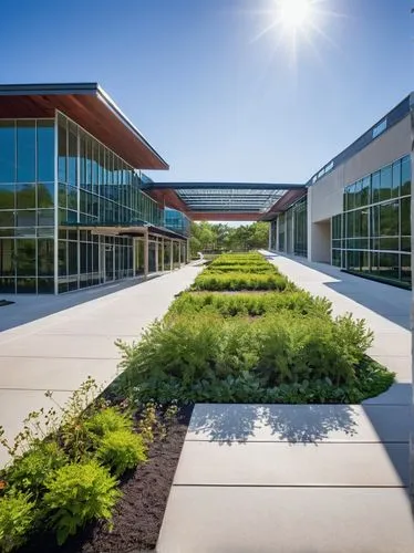 Collin College, modern architectural design, grand entrance, glass façade, steel framework, minimalist style, rectangular shape, green roof, solar panels, large windows, natural light, open courtyard,